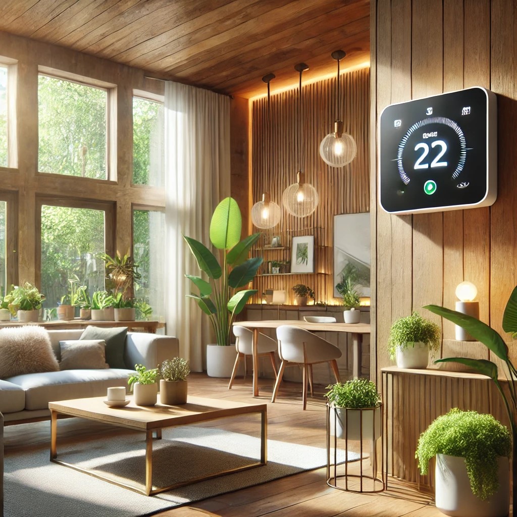 AI for green living USA smart thermostat in eco-friendly home