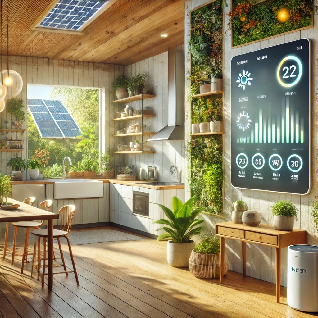"AI-powered greener home kitchen with Nest thermostat and solar panels