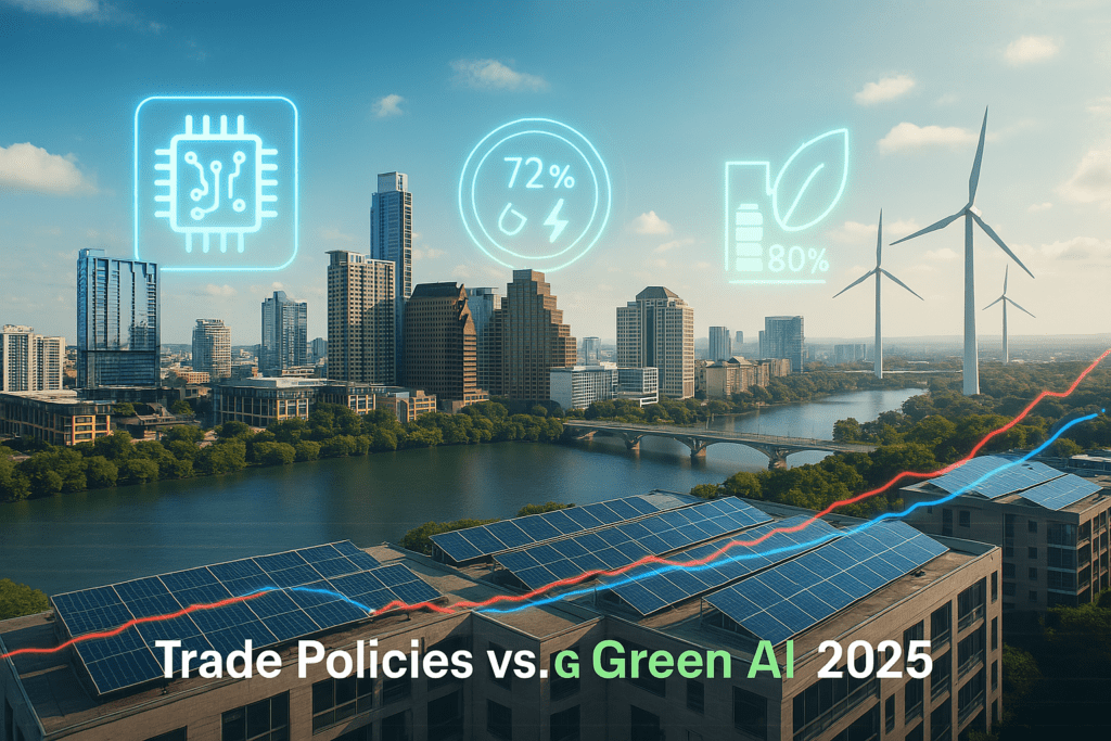 Trade policies shape green technology with AI in 2025 USA cityscape