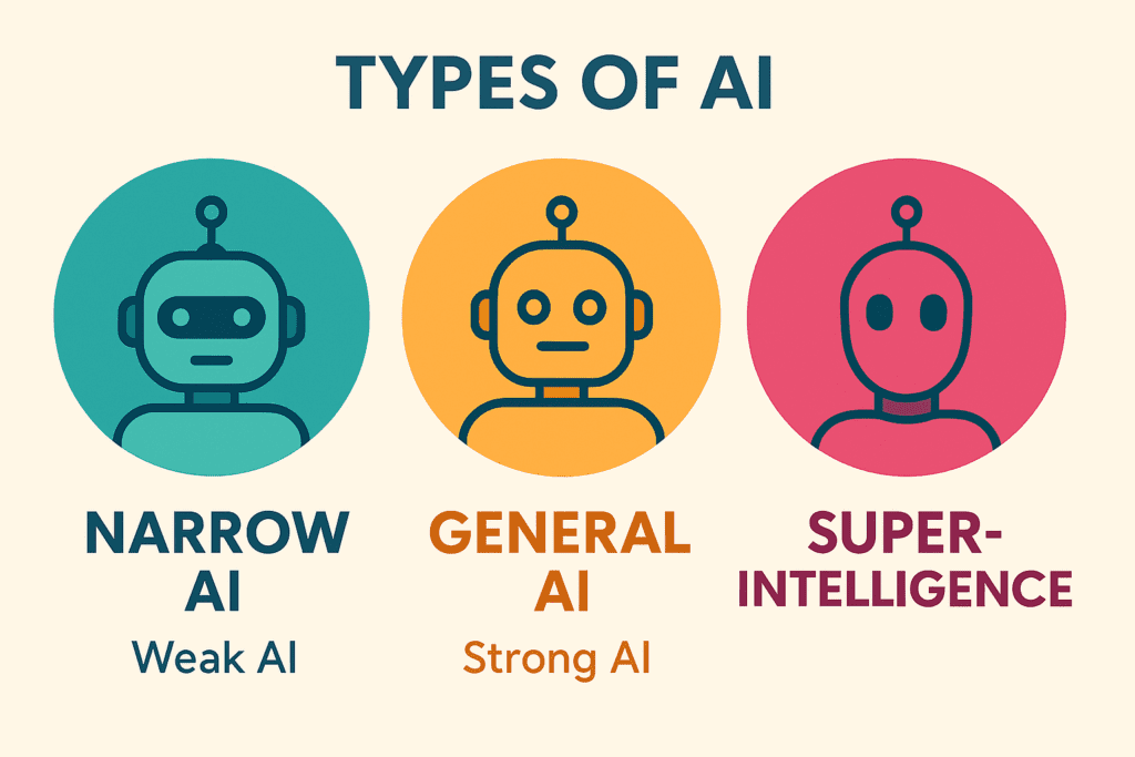 Infographic illustrating the different types of AI, from Narrow to Superintelligence.